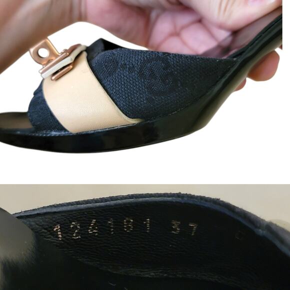 Gucci Black Beige Patent Leather GG Logo Turnlock Mule Heel Slides 37 US 7 - Picture 3 of 15